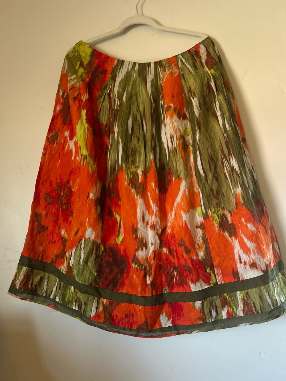 Talbots Woman Orange Green Pleated Midi Silk Blend Skirt, Size 14W